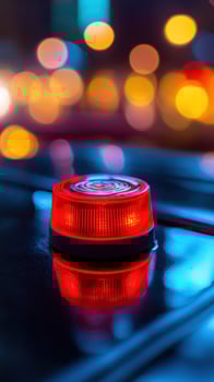 Red alert light glows, city night bokeh photo