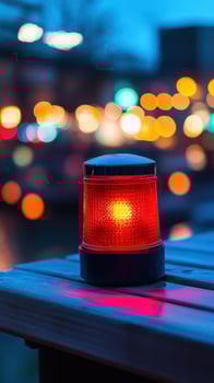 Red beacon light on table, city night, bokeh photo