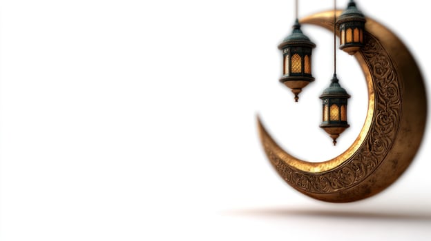 Ornate crescent moon, lanterns, white background, Islamic celebration, greeting card photo