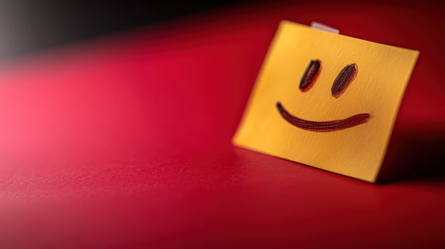 Happy sticky note on red background, positive message, minimalist office photo