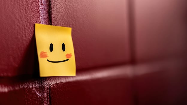 Happy face sticky note on red wall, positive message photo