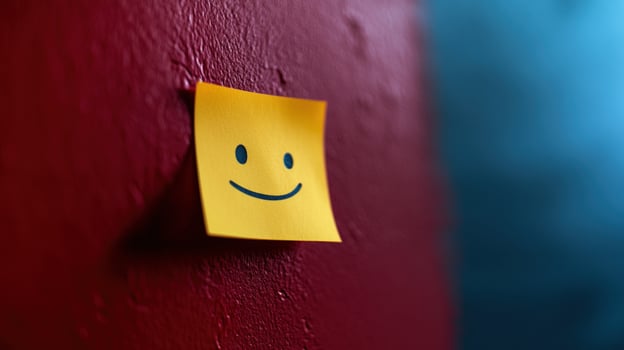 Happy sticky note on redblue wall photo