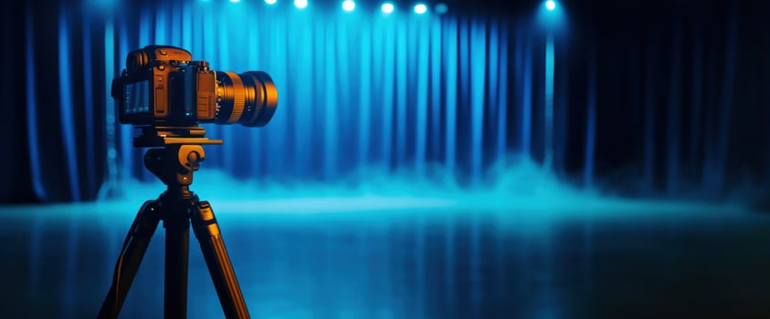 Camera on tripod, stage lighting, blue curtain, event filming photo