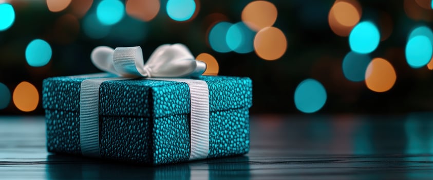 Teal gift box with white ribbon, bokeh background, festive table, holiday present photo