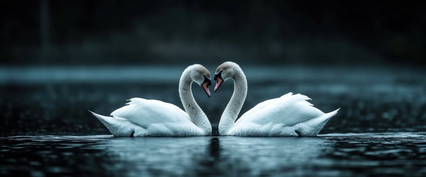 Swans forming heart, lake, dark background, romance photo