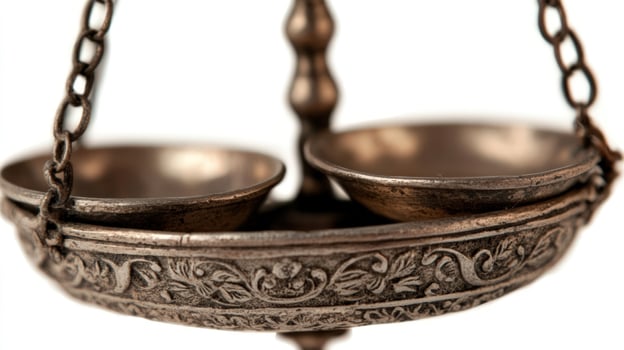 Antique scales detail, ornate design, white background, justice concept, legal imagery photo