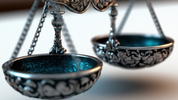 Ornate scales balance glowing blue white background justice concept photo