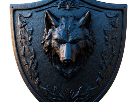 Dark wolf shield emblem, studio shot, white background, game design photo