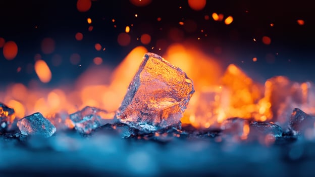 Ice cubes melting near fire, bokeh background, contrast concept photo