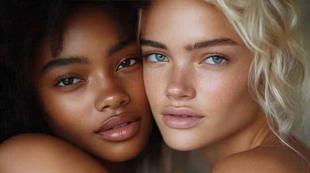 Diverse women embrace, closeup portrait, studio, blurred background, beauty campaign photo