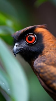 Redeyed owl portrait, jungle foliage background, wildlife photography, nature documentary photo