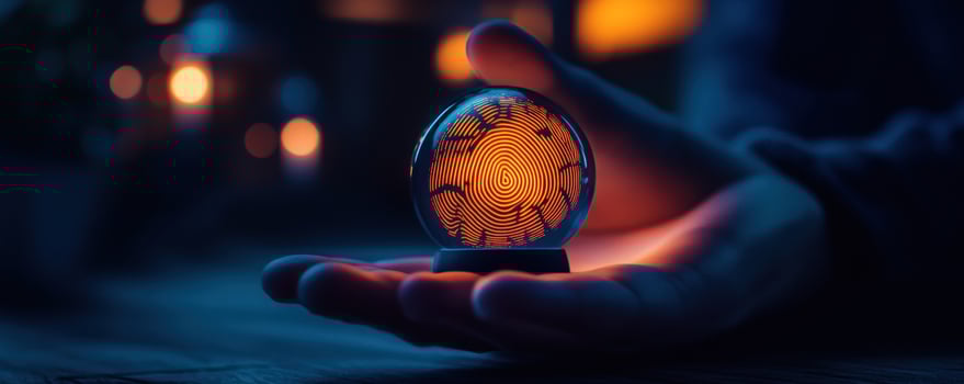 Mystic hand holds glowing orb, candlelit background photo