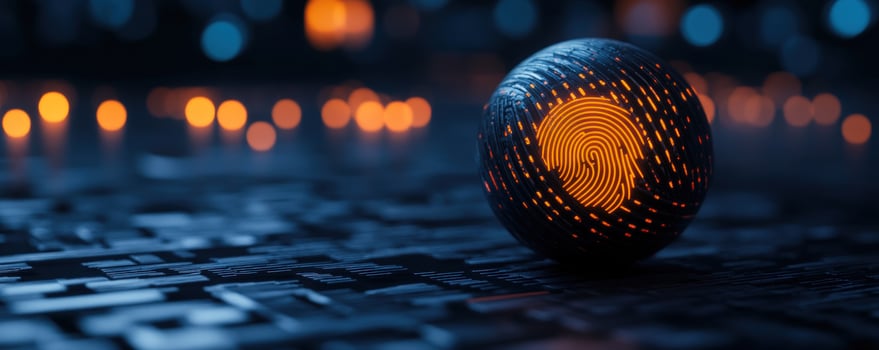 Glowing sphere fingerprint, digital surface, bokeh background, security concept photo