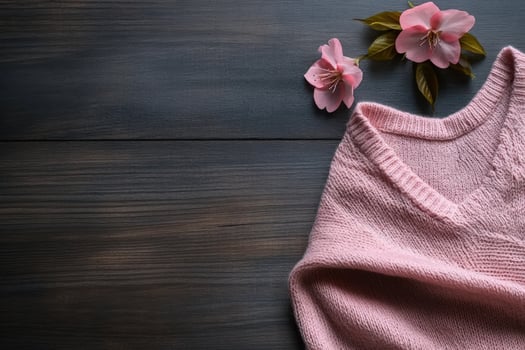 Pink sweater, spring flowers, wood background, flatlay, fashion photo