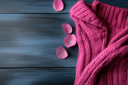 Pink sweater, rose petals, wood, autumn, cozy, flatlay, fashion, website photo