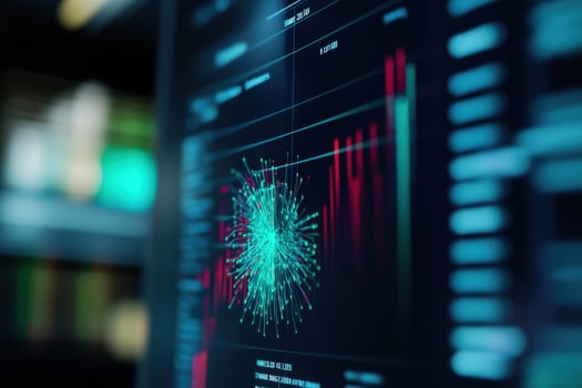 Data analysis screen, network visualization, office background, market trends photo