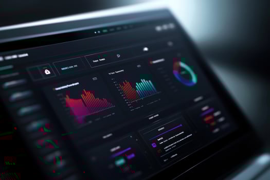 Laptop displays financial data charts dark office background photo