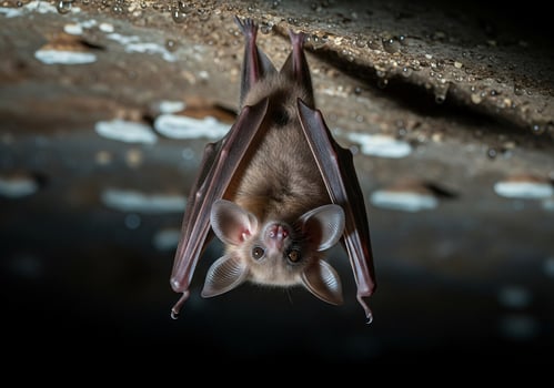 Bat hanging upside down in cave photo