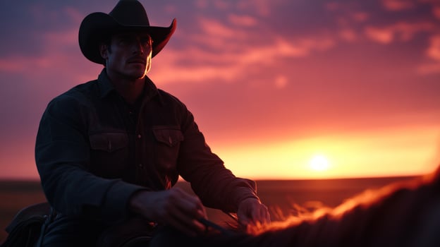 Cowboy horseback sunset plains ranch silhouette photo