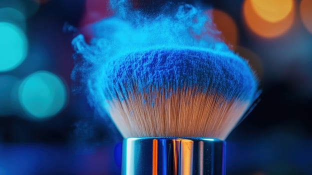 Blue powder explodes from makeup brush, bokeh background, cosmetic ad photo
