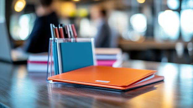Office Desk Supplies, Coworkers Blurred Background photo