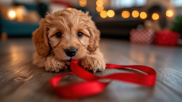 Puppy playing with leash, Christmas home photo