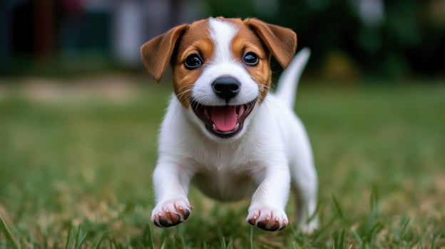 Happy puppy running, green grass, blurred background photo