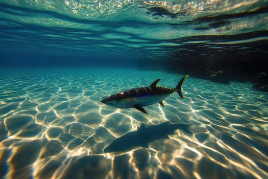 Tuna swims shallow reef, sunlit sand, underwater photo