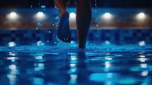 Nighttime poolside run, water splashing, illuminated background, leisure activity photo