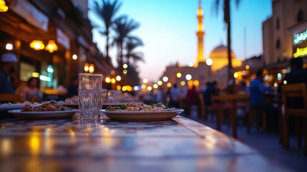 Night market dinner, Cairo, mosque backdrop, tourist meal photo