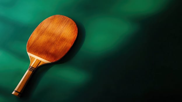Wooden paddle, green table, sunlit shadows, table tennis photo