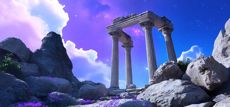 Ancient stone structure among rocks with scenic skies landscape photo