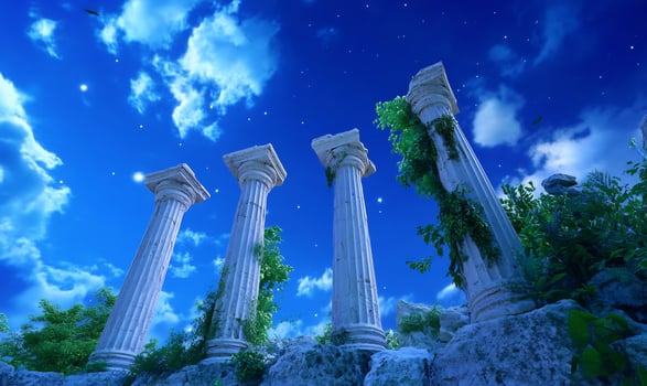 Majestic stone pillars under starry sky cloudy scenery photo