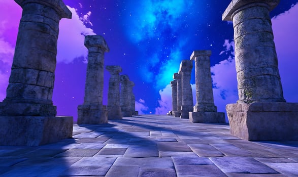 Ancient columns under a starry sky architectural stone pillars and pathway photo