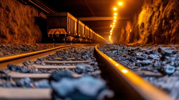 Mine train departing tunnel, rock walls, industrial transport photo