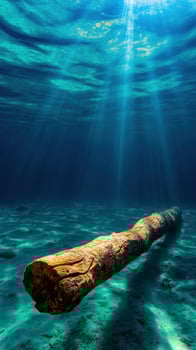 Sunlit submerged log, tranquil lake bed, peaceful underwater scene photo