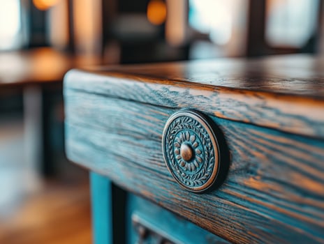 Rustic wooden table detail, ornate metal knob, cafe background photo