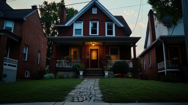 Suburban brick house twilight street pathway photo