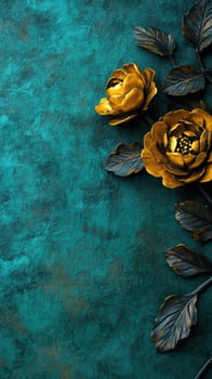Golden roses, teal backdrop, elegant design, floral greeting card photo
