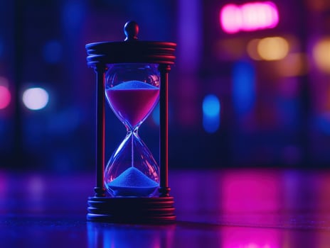 Night city, hourglass, time, sand, flowing, neon lights, deadline, urgency, concept photo