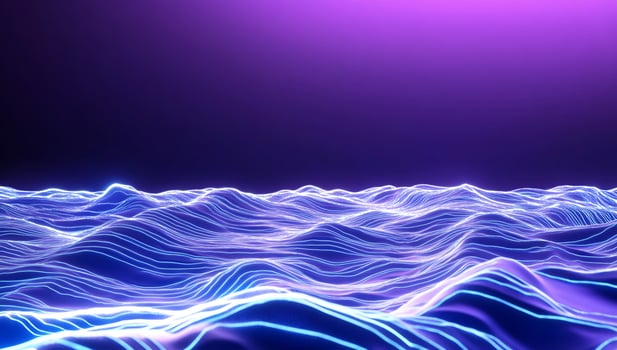 Abstract wavy patterned surface with blue glowing lines on violet background photo