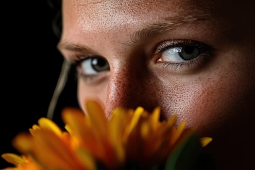 Freckled woman smelling sunflower, dark background, beauty shot photo