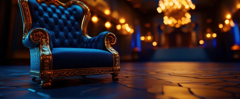 Blue velvet armchair in grand hall, chandelier backdrop photo