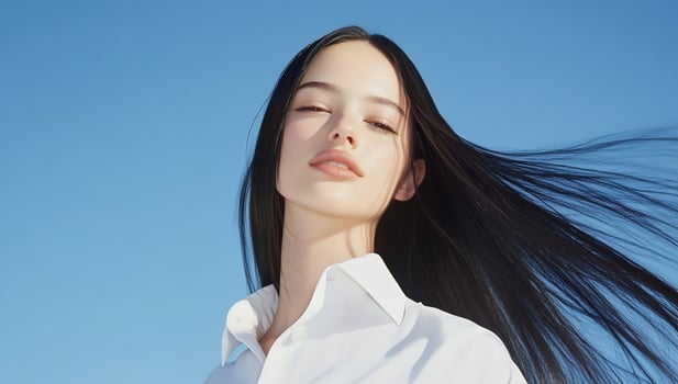 Woman with flowing hair enjoying serenity against blue sky portrait photo
