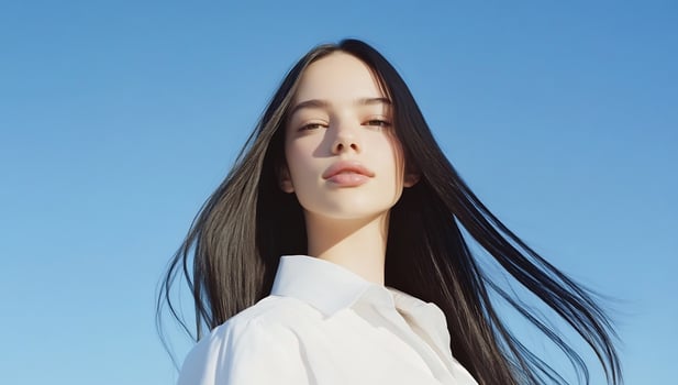 Woman portrait against blue sky with flowing hair fashion and beauty photo