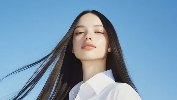 Woman portrait against sky calm natural light beauty fashion concept photo