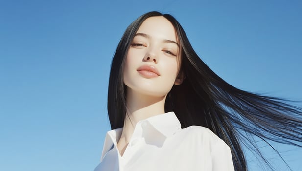 Woman with flowing hair in front of a clear blue sky portrait of youth and natural beauty photo