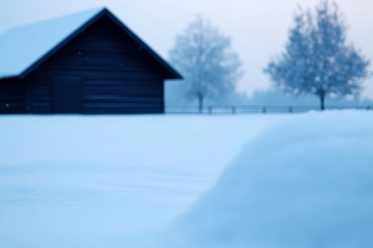Snowy field, winter barn, frosty trees, rural scene, postcard photo