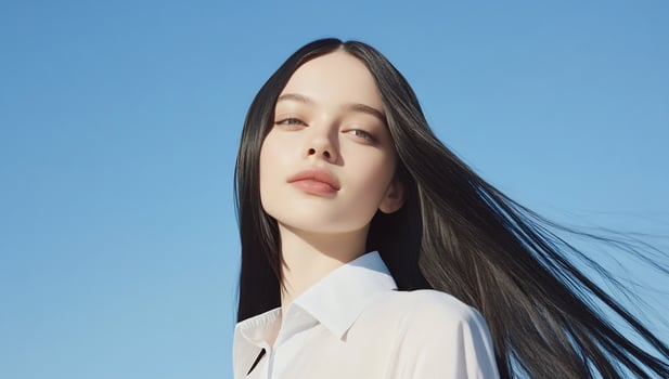 Young woman with flowing hair in blue sky portrait beauty fashion and wellness photo