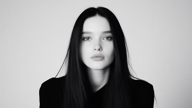 Elegant portrait of young woman with long dark hair in black and white photo